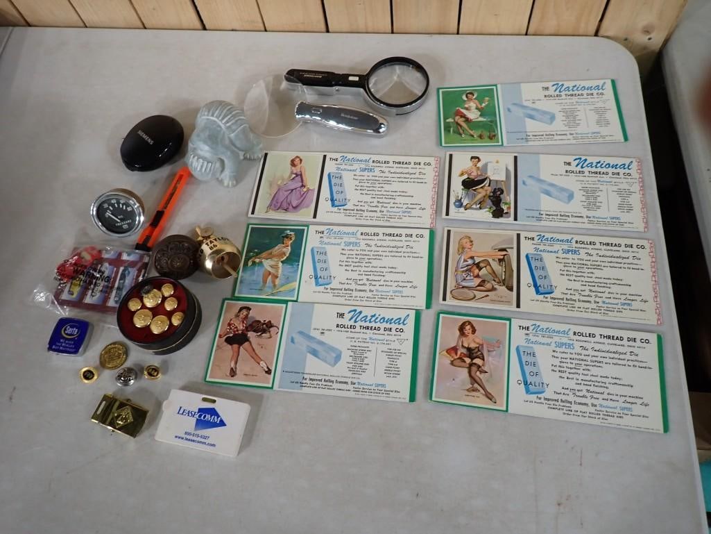 Misc. Lot including Vintage National Rolled Thread Risque Advertisement Ephemera, Smalls, Gauge, Pin (1 of 12)
