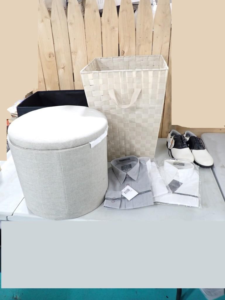Misc Lot including Dress Shirts, Clothes Hamper, Florsheim Shoes Size 10M, etc.: Misc Lot including Dress Shirts, Clothes Hamper, Florsheim Shoes Size 10M, etc.