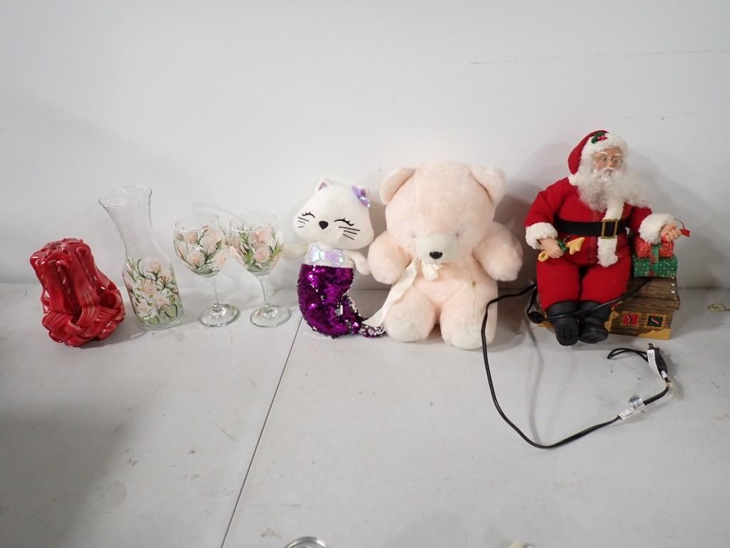 Misc Lot including Santa Claus, Plush, Painted Glasses, Decorative Candle (1 of 9)