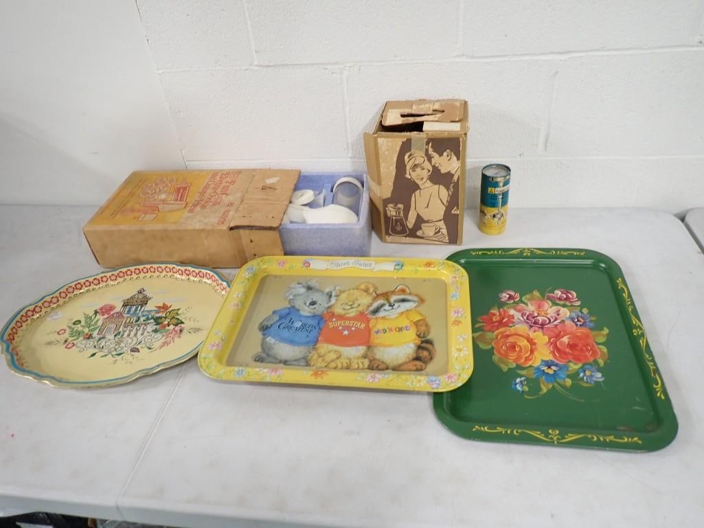 Vintage Metal Serving Trays including one with legs, Fun Gun Electric Cookie and Canape Press with: Vintage Metal Serving Trays including one with legs, Fun Gun Electric Cookie and Canape Press with original box, Vintage Meat thermometer with original box