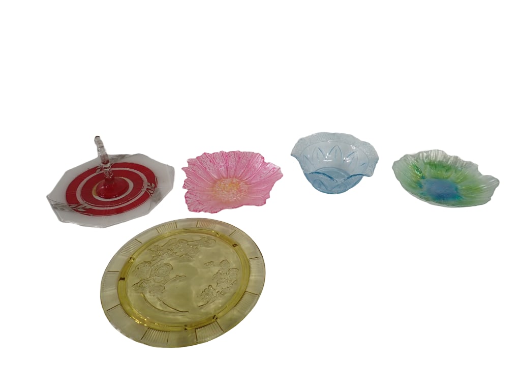 Glassware Lot incl Vintage Tidbit Tray with Red Stripes and Center Handle, Light Blue Depression Gla (1 of 10)