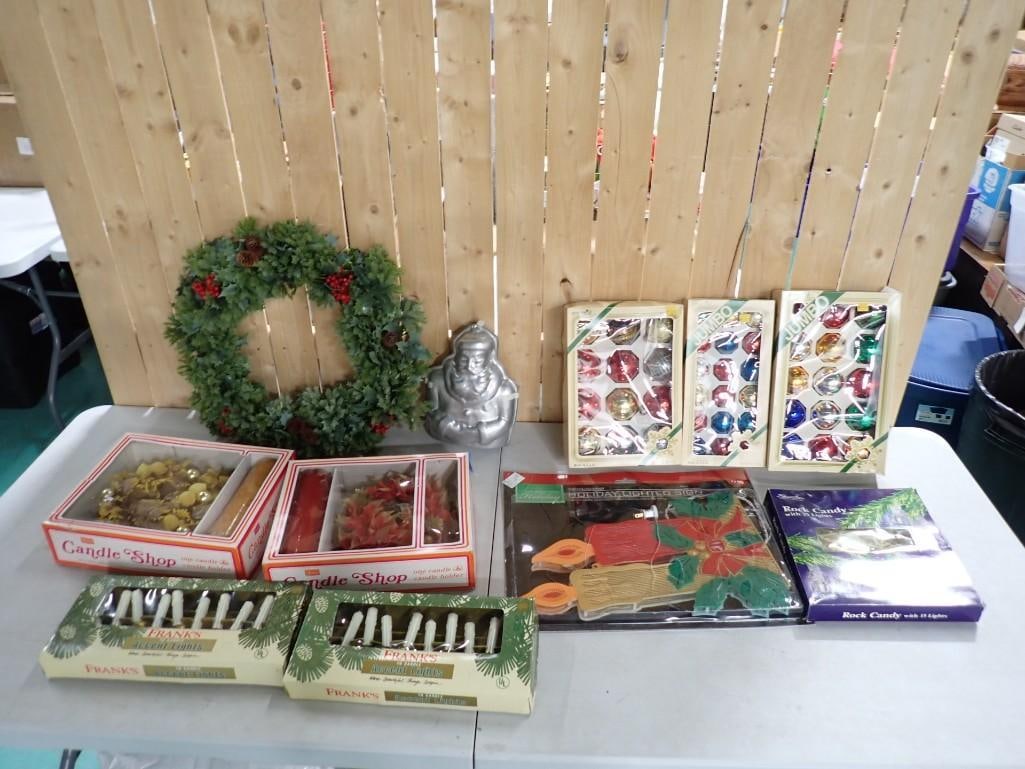 Christmas Lot incl Vintage Christmas Lights, Glass Christmas Ornaments, Holiday Lighted Sign,: Christmas Lot incl Vintage Christmas Lights, Glass Christmas Ornaments, Holiday Lighted Sign, Franks 10 Candle Accent Lights, Vintage Aluminum Santa Cake Mold, Wreath with faux Hollyberries and Pine C