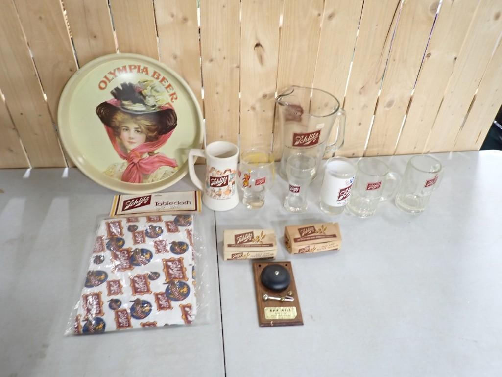 Beer Collectibles Lot incl Olympia Beer Tray, Schlitz Beer Pitcher and Mugs, Novelty Bar Bell, (1 of 11)