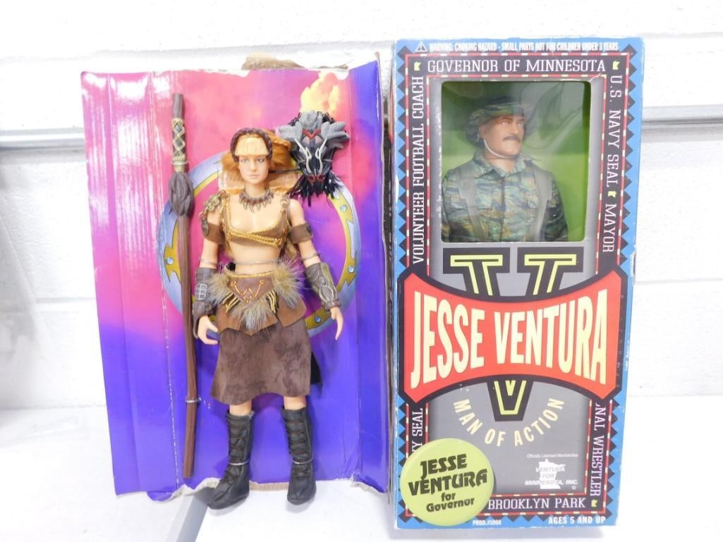 WWF Jesse Ventura Navy Seal & Zena Gabrielle 12" Figures Lot: 12" figures WWF Jesse Ventura Navy Seal NIB. Xena Gabrielle Amazon Princess new, no box. Skirt has age deterioration.