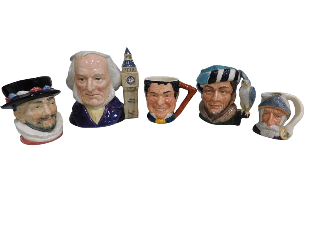 5 Character Mugs incl Royal Doulton John Doulton Toby Mug, Royal Doulton Beefeaters Toby Mug,: 5 Character Mugs incl Royal Doulton John Doulton Toby Mug, Royal Doulton Beefeaters Toby Mug, Lancaster Sandland Ware, Royal Doulton Don Quixote Toby Mug, Royal Doulton The Falconer D 6549 Copr 1959 T