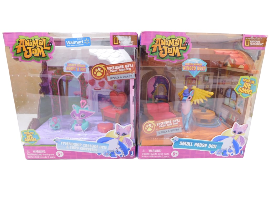 2 Animal Jam National Geographic Limited Edition Adopt a Pet Playsets New in Packages: 2 Animal Jam National Geographic Limited Edition Adopt a Pet Playsets New in Packages. Includes Small House Den and Friendship Cottage Den and Fairy Cutepeach