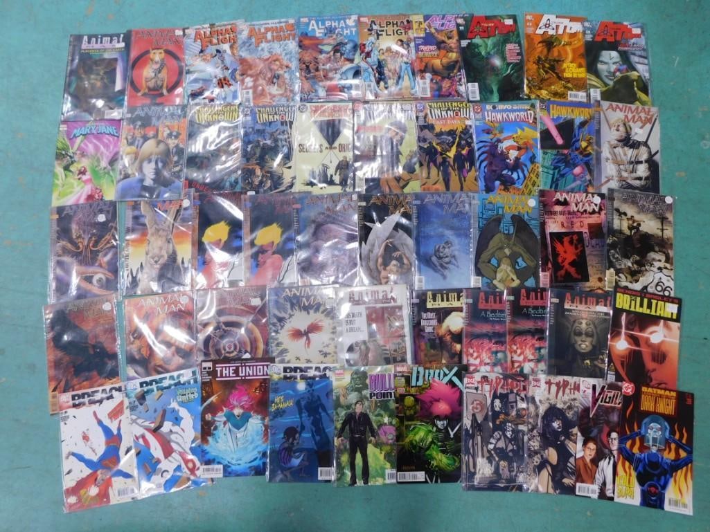 50 Comic Books incl The All new Atom, Alpha Flight, Hawkworld, Animal Man, The Union,: 50 Comic Books incl The All new Atom, Alpha Flight, Hawkworld, Animal Man, The Union, Batman Legends of the Dark Knight, The Amazing Mary Jane, etc