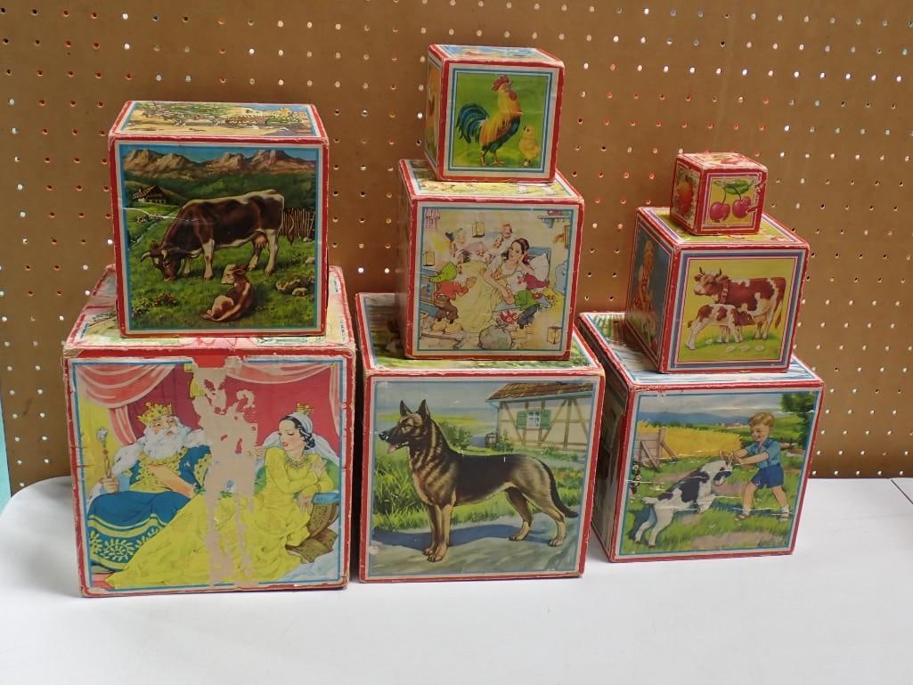 Vintage Wooden Nestable Blocks with Nursery Rhyme and Story Pictures - some are worn (1 of 6)