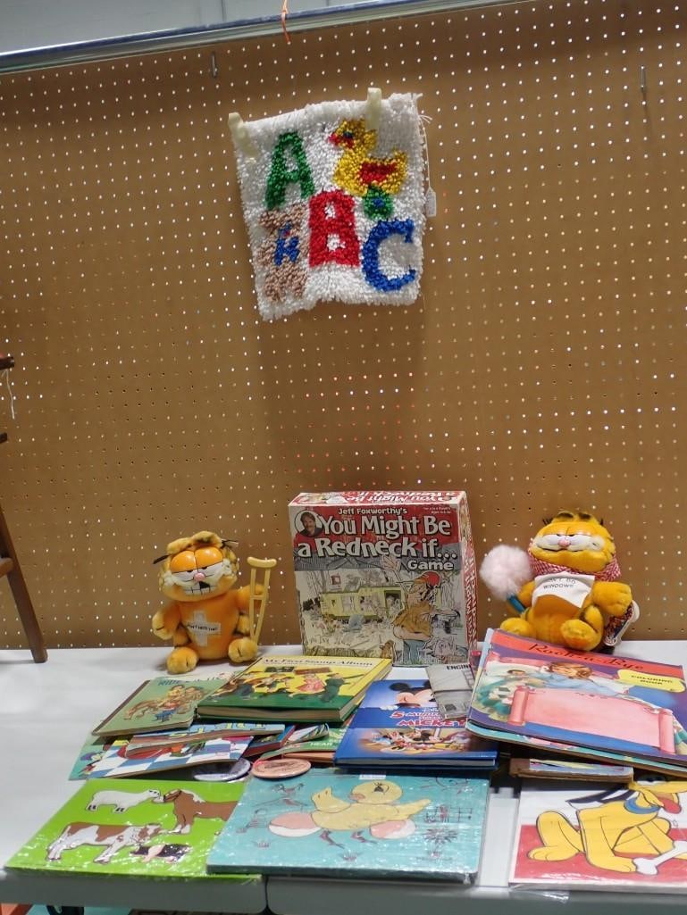 Toy Lot, etc. including Latchook, Garfield, Children's Books, Puzzles, You Might Be a Redneck Game (1 of 7)