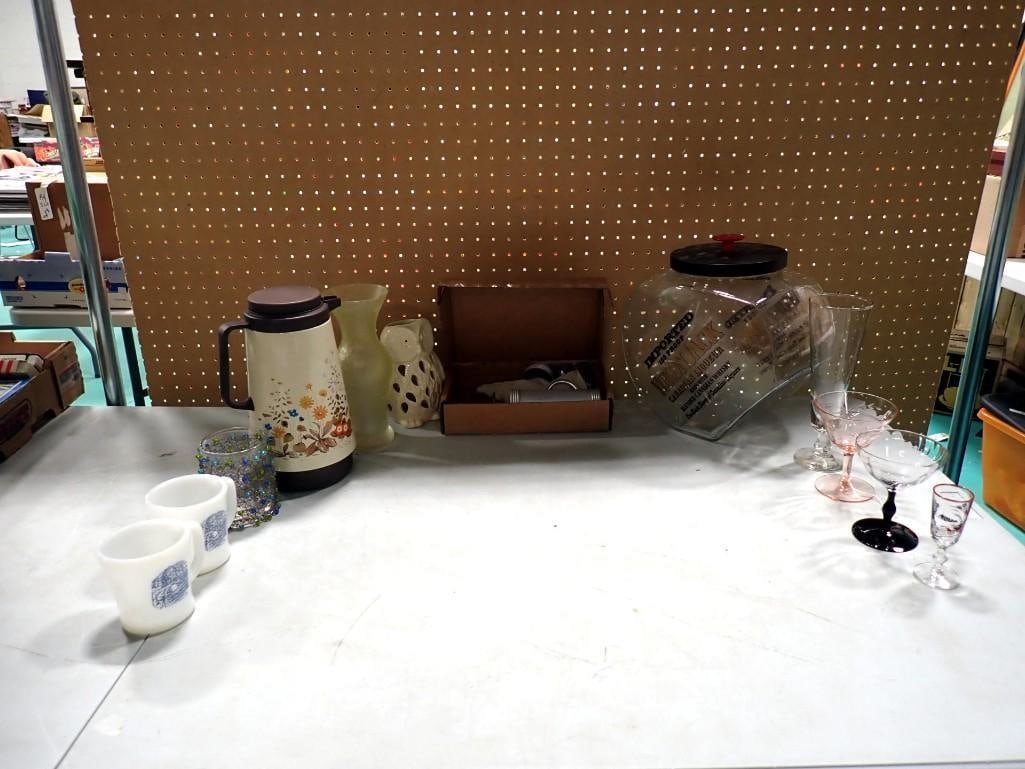 Misc. Lot including Coffee Mugs, Pitcher, Ceramic Owl, Decorative Drinking Glasses, Candy Jar, etc. (1 of 6)