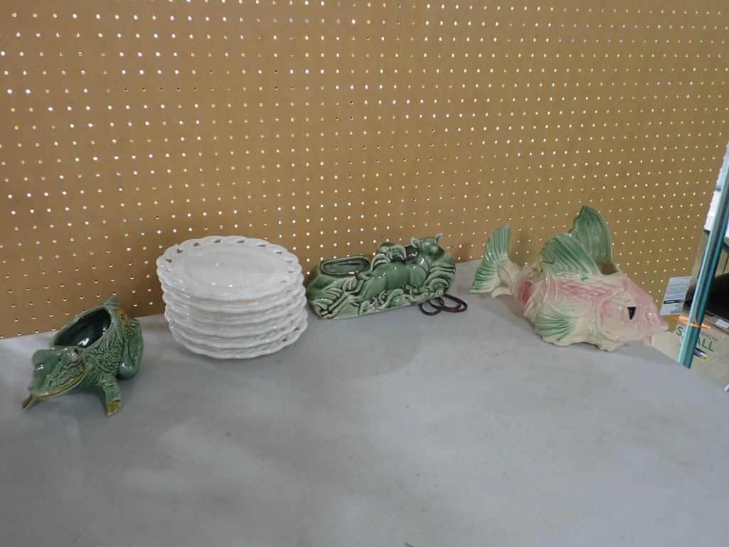 Milk Glass Salad Plates and McCoy Pottery Frog, Fish, Planter (1 of 9)