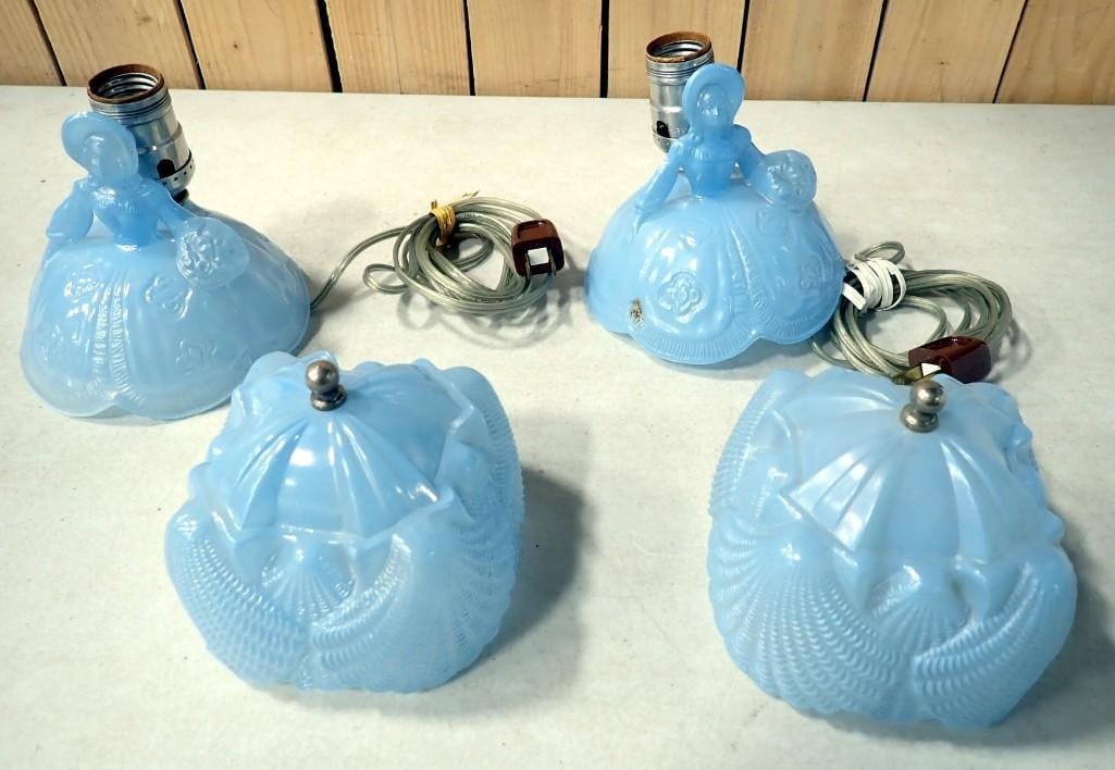 Pair of Circa 1940 Blue Glass Southern Belle Lamps: Pair of Circa 1940 Blue Glass Southern Belle Lamps