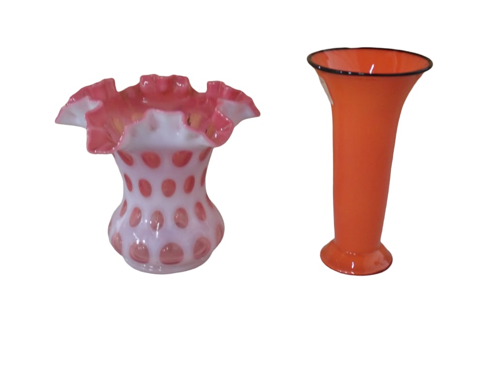 Fenton Cranberry Opalescent Coin Dot Ruffled Edge Vase and Vintage Orange Tango Glass Vase (1 of 4)
