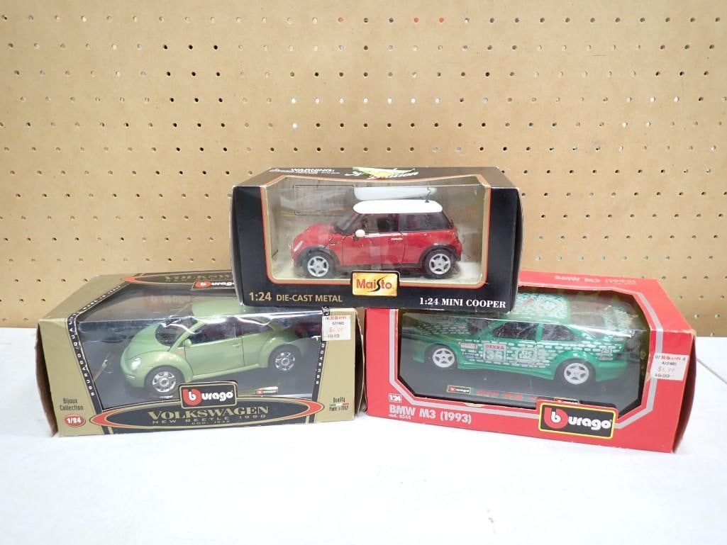 3 Model Cars incl Burago 1:24 Scale Volkswagen New Beetle, Burago 1:24 Scale BMW M3, (1 of 9)