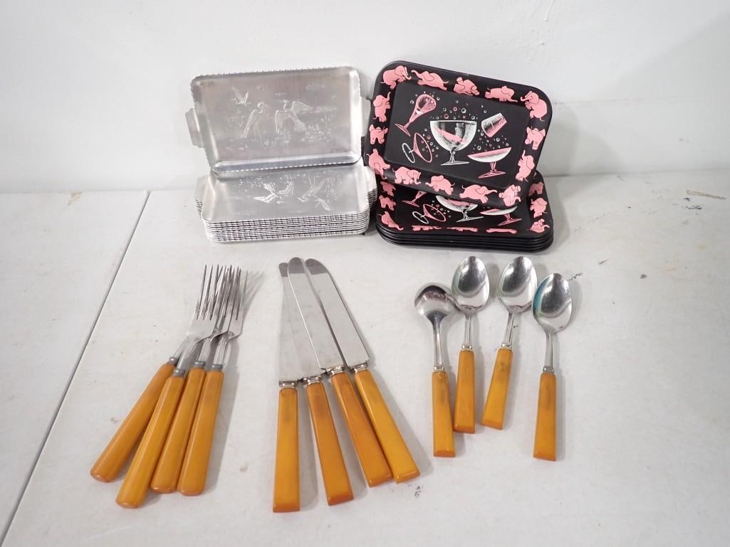Vintage Flatware with Bakelite Handles Setting for 4 plus Small Metal Drink Trays Pink  and Black in (1 of 10)