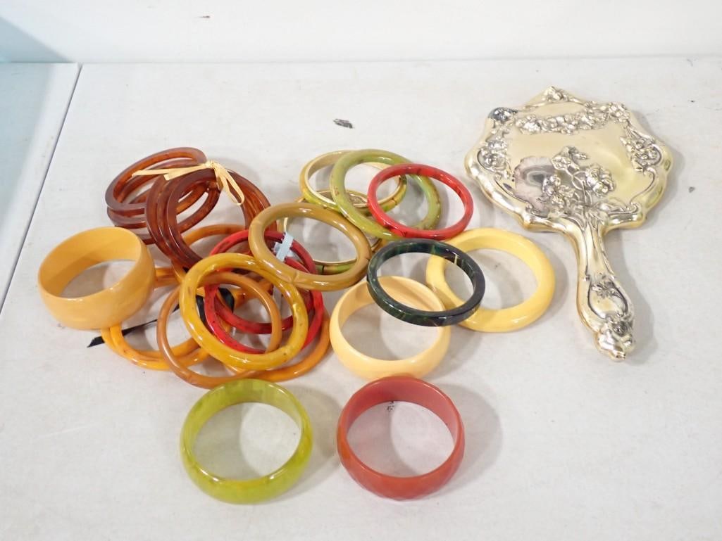 Vintage Bangle Bracelets incl Bakelite Bracelets and Lucite Bracelets and a Silver Plated Mirror by (1 of 10)
