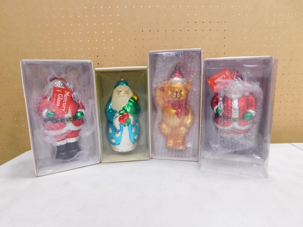 4 Mercury Glass Christmas Ornaments in Original Boxes incl Starry Santa, 2 St Nick, Bear: 4 Mercury Glass Christmas Ornaments in Original Boxes incl Starry Santa, 2 St Nick, Bear