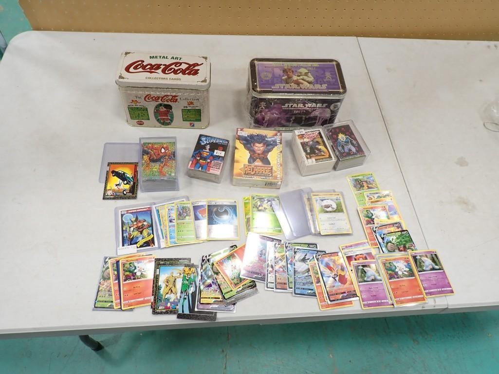 Lot of assorted Trading Cards including Metal Coca Cola, Star Wars, Pokemon, Spiderman, Superman, (1 of 11)
