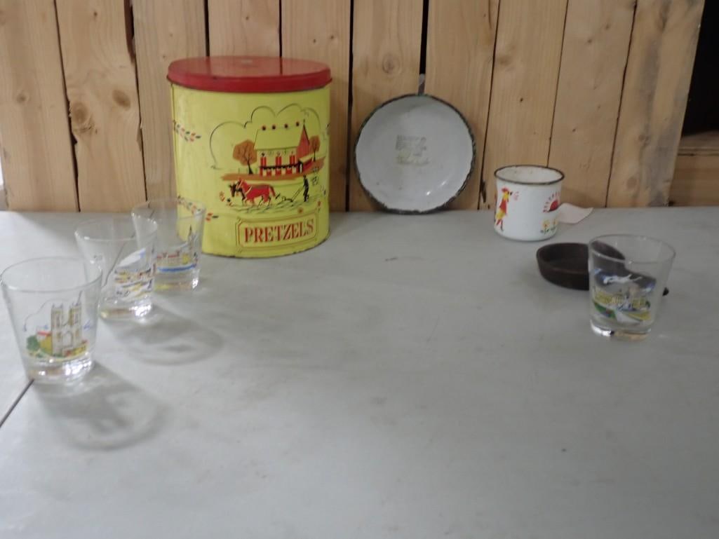 Vintage Lot including Pretzel Tin, Enamelware Chicken Cup, Painted Glasses, Small Cast Iron Pan, etc (1 of 9)