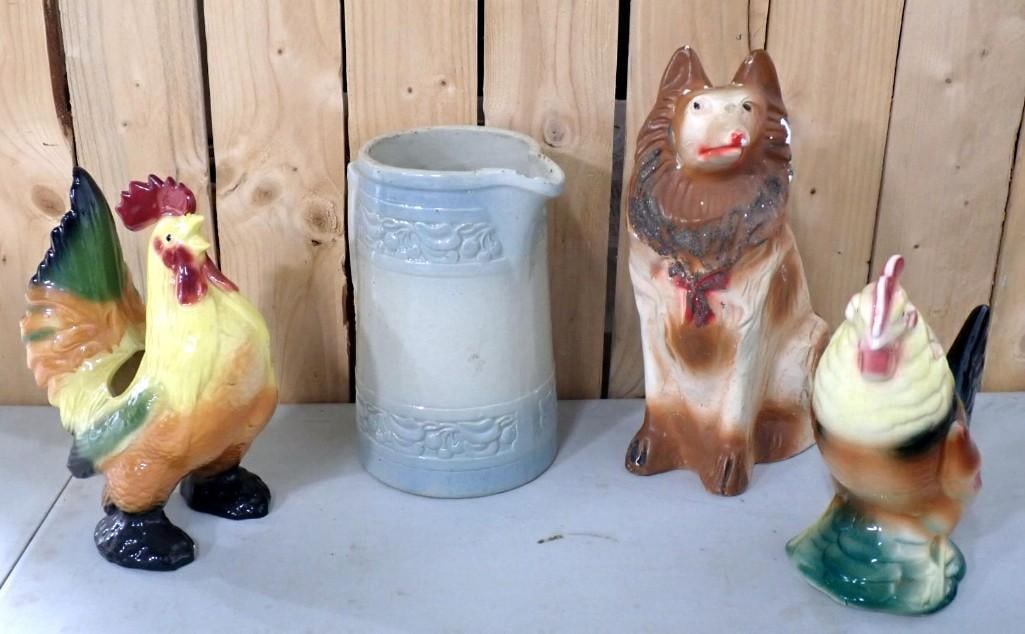 Chalkware / Ceramic Lot including Chickens, Dog, Pitcher (1 of 8)