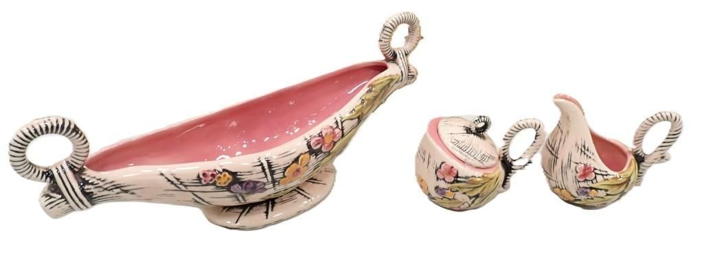 Set of 3 Hull USA Blossom Flite Footed Console Bowl plus a Creamer and Sugar (1 of 10)