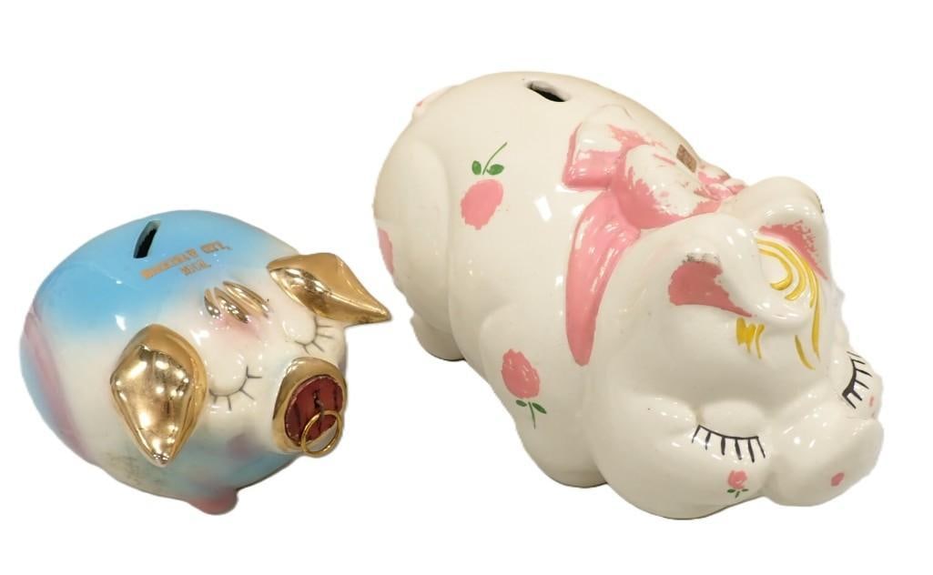 Pair of Vintage Piggy Banks -1950s H.P. Co. Corky Pig and One that looks to be Shawnee, but unmarked: Pair of Vintage Piggy Banks - 1950s H.P. Co. Corky Pig and One that looks to be Shawnee, but unmarked