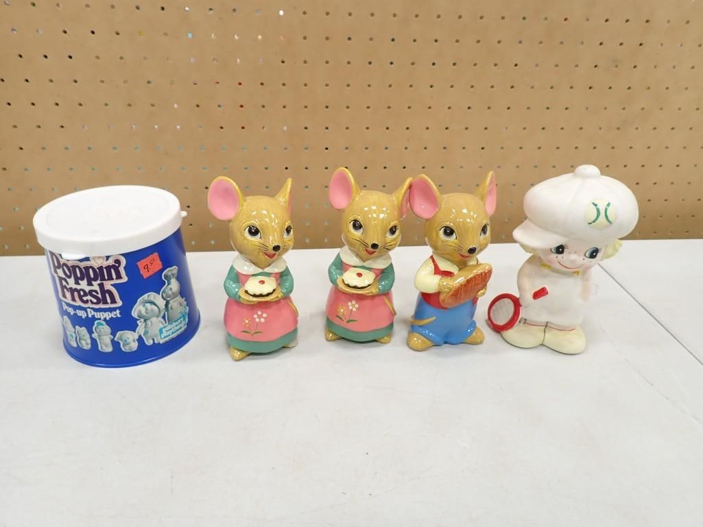 Pillsbury Poppin' Fresh Pop-up Puppet, 3 Mice Figruines and a Tennis Player Figurine: Pillsbury Poppin' Fresh Pop-up Puppet, 3 Mice Figruines and a Tennis Player Figurine