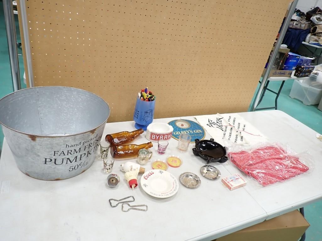 Misc. Bar Lot including Vintage Drink Stirrers, Ash Trays, Gilbey's Gin Thermometer, Shot Glasses (1 of 18)