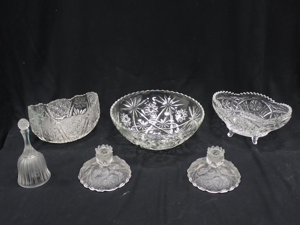 Lot of Glass and Crystal: Lot of Glass and Crystal incl bowls, bell, candlestick holders