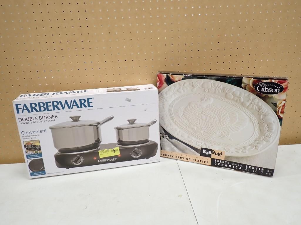 Farberware Double Burner and Gibson Turkey Serving Platter Both New in Box: Farberware Double Burner and Gibson Turkey Serving Platter Both New in Box