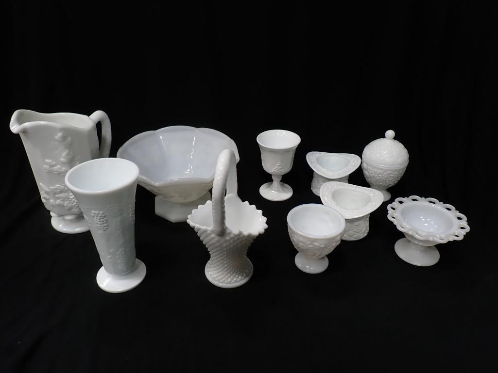Lot of Milk Glass incl 2 Top Hat Vases, Pitcher, Basket, etc (1 of 7)