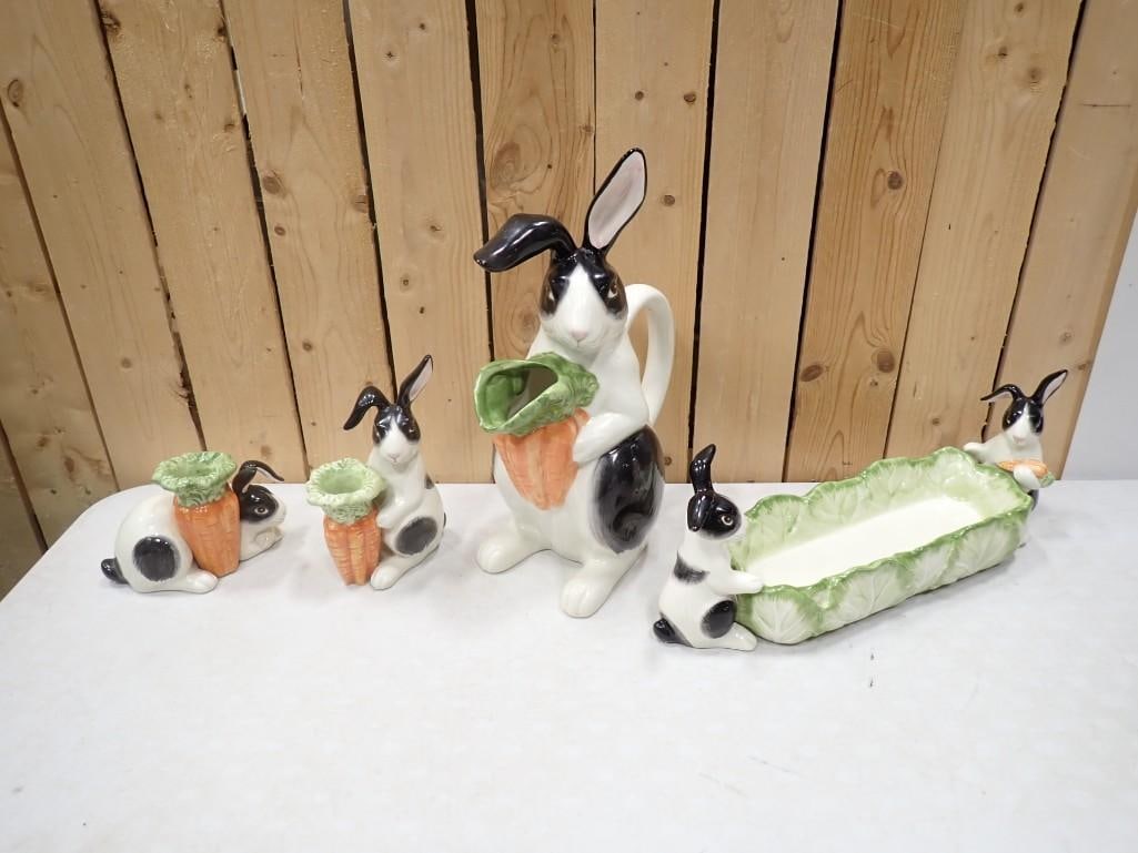 Fitz & Floyd Kensington Rabbit Pitcher , Celery Dish , Candle Holders FF 1987 (1 of 11)