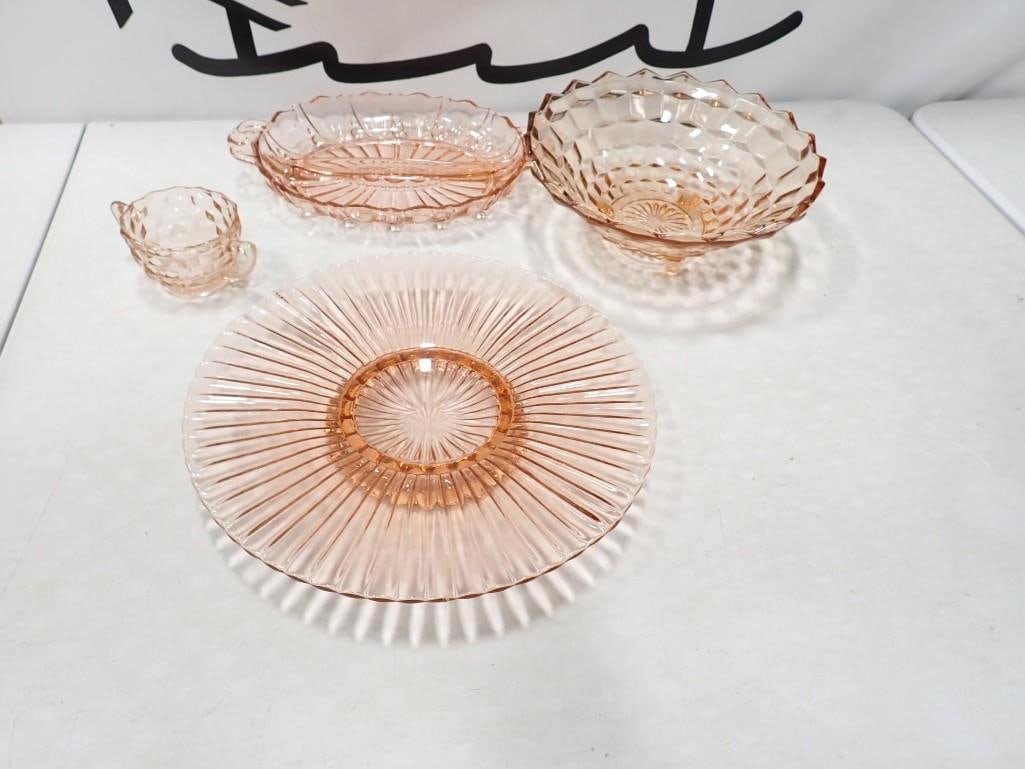Pink Depression Glass incl Larger Cake Plate, Divided Dish, Sugar Bowl, Tri Footed Bowl (1 of 7)