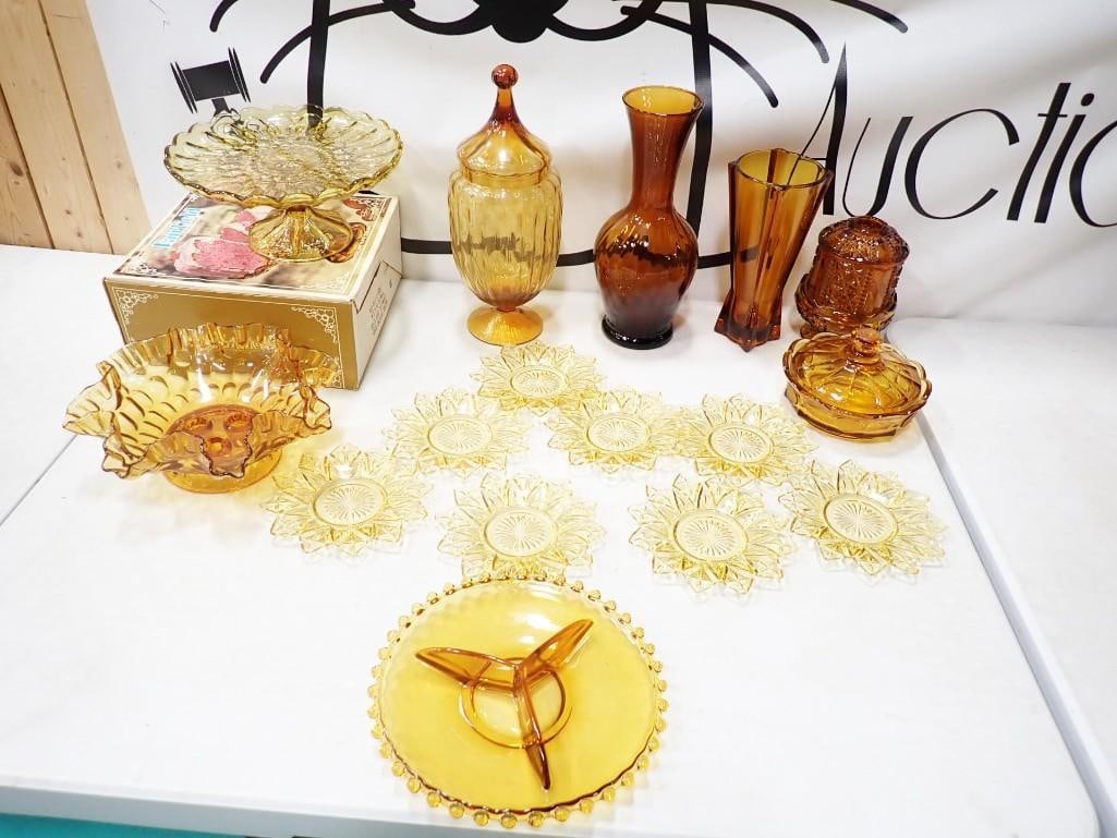 Vintage Fairfield Footed Cake Plate with Original Box, Amber Glass Vases, Vtg Glass Apothecary Jar, (1 of 11)