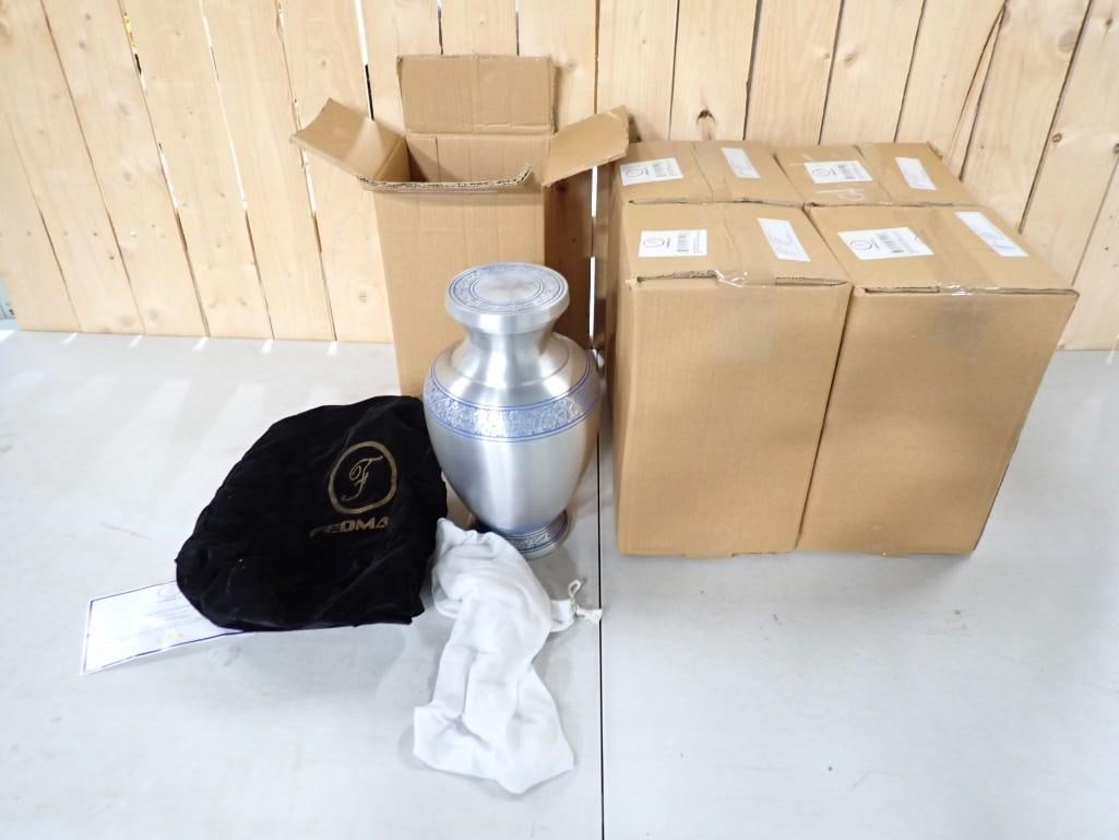 4 New in Box Vases with Lids or Urns Fedmax Brushed Metal Plus 1 Opened for Pictures: 4 New in Box Vases with Lids or Urns Fedmax Brushed Metal Plus 1 Opened for Pictures. 5 Urns total. 