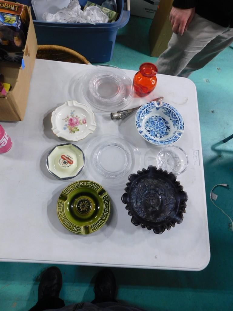 Carnival Glass Bowl with Ruffled Edge, Ashtrays, Clear Depression Glass, Orange Glass Vase, (1 of 5)
