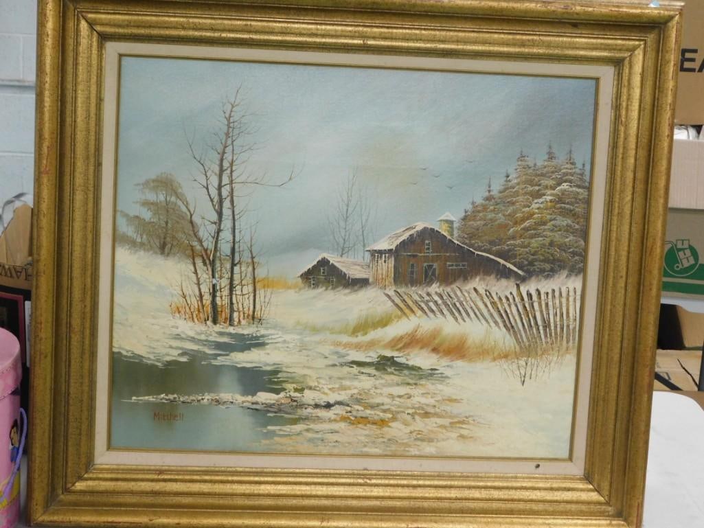 Framed Original Art Winter Barn Scene Signed Mitchell Approx 31" x 28" (1 of 5)