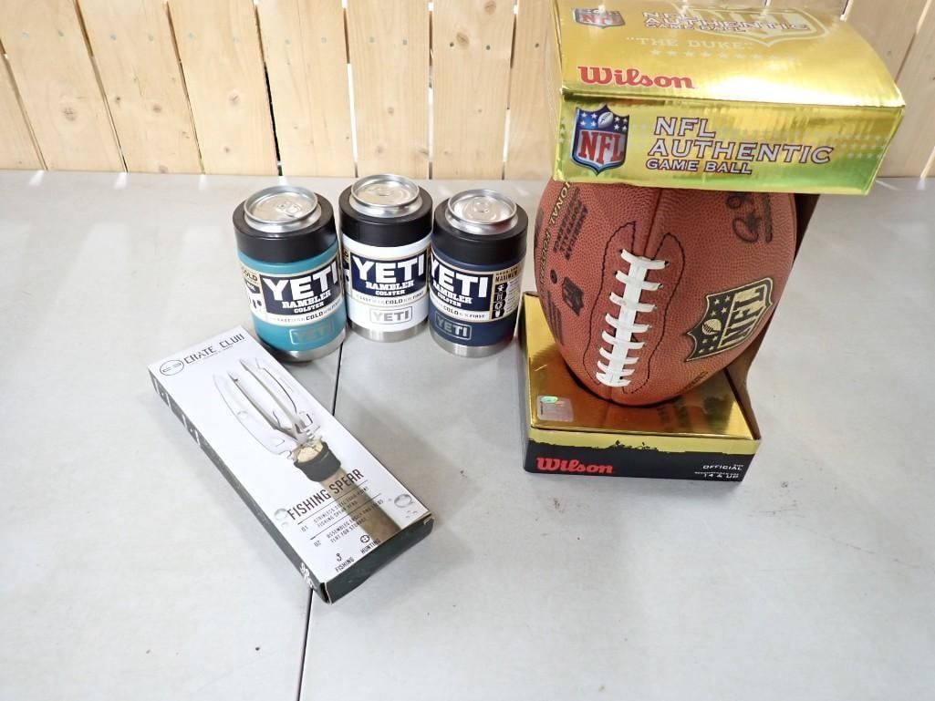 Autographed Wilson NFL Football, 3 Yeti Rambler Metal Koosies,: Autographed Wilson NFL Football, 3 Yeti Rambler Metal Koosies, New in package fisheing spear