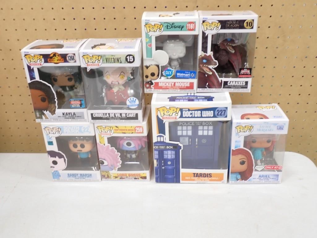 8 Funco Pop Figures incl Dr Who, South Park, Cruella De Vil, Mickey Mouse, Little Mermaid Ariel, etc: 8 Funco Pop Figures incl Dr Who, South Park, Cruella De Vil, Mickey Mouse, Little Mermaid Ariel, etc New in Box