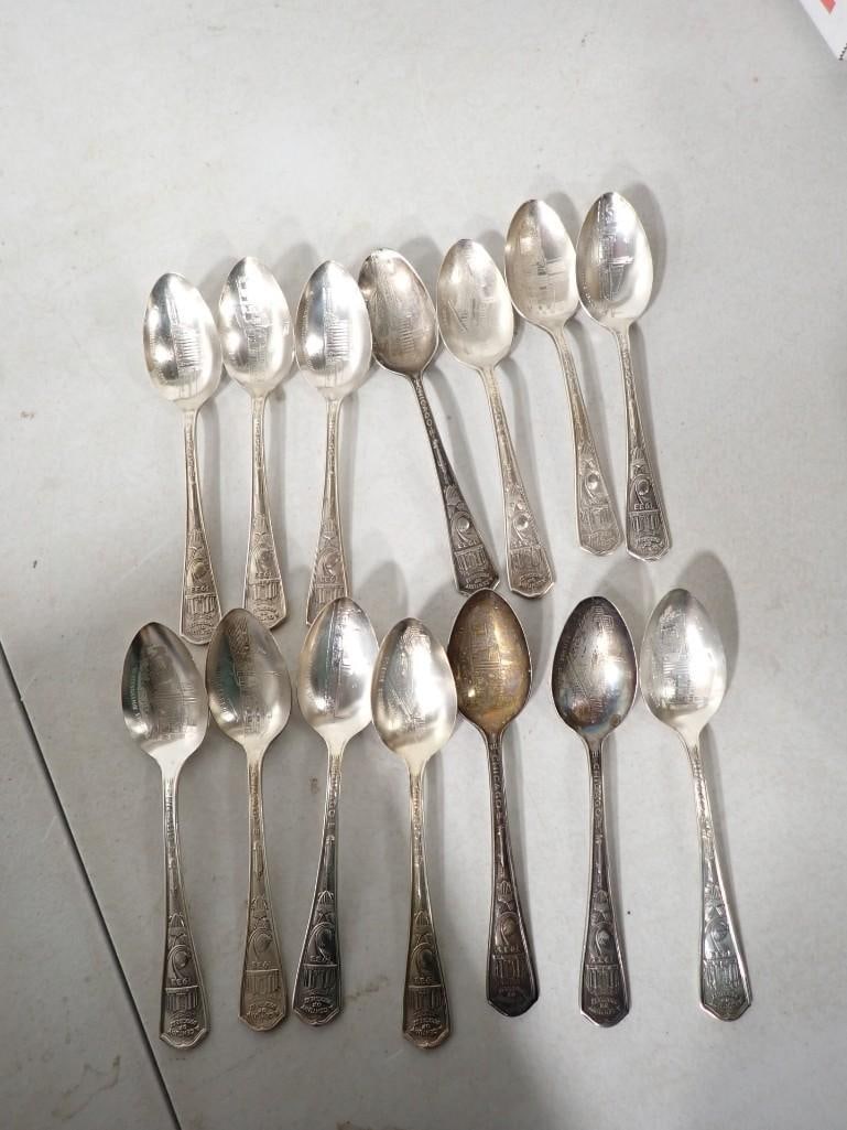 14 Oneida 1933 Century of Progress Chicago World's Fair Souvenir Spoons: 14 Oneida 1933 Century of Progress Chicago World's Fair Souvenir Spoons