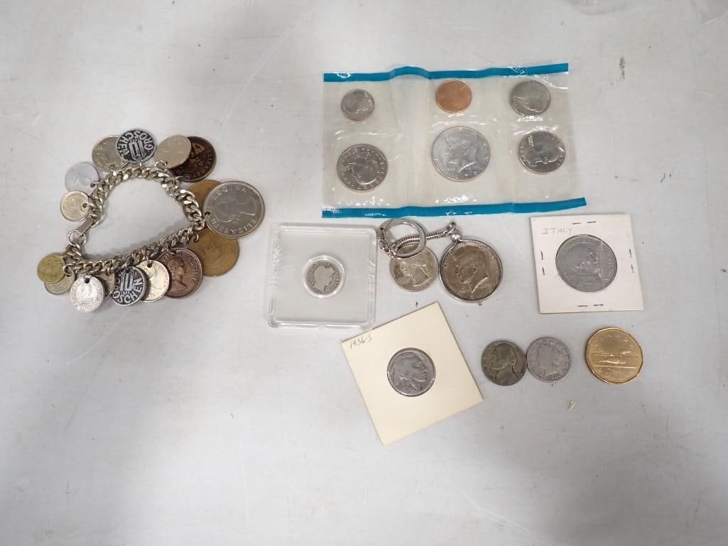 Coin Lot incl World Coin Bracelet, 1913 Mercury Dime, 1936 Indian Head Buffalo Nickel, (1 of 11)