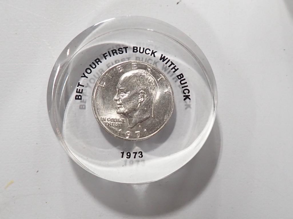 1971 Eisenhower Dollar Set in a 1973 Buick Advertising Paperweight (1 of 5)