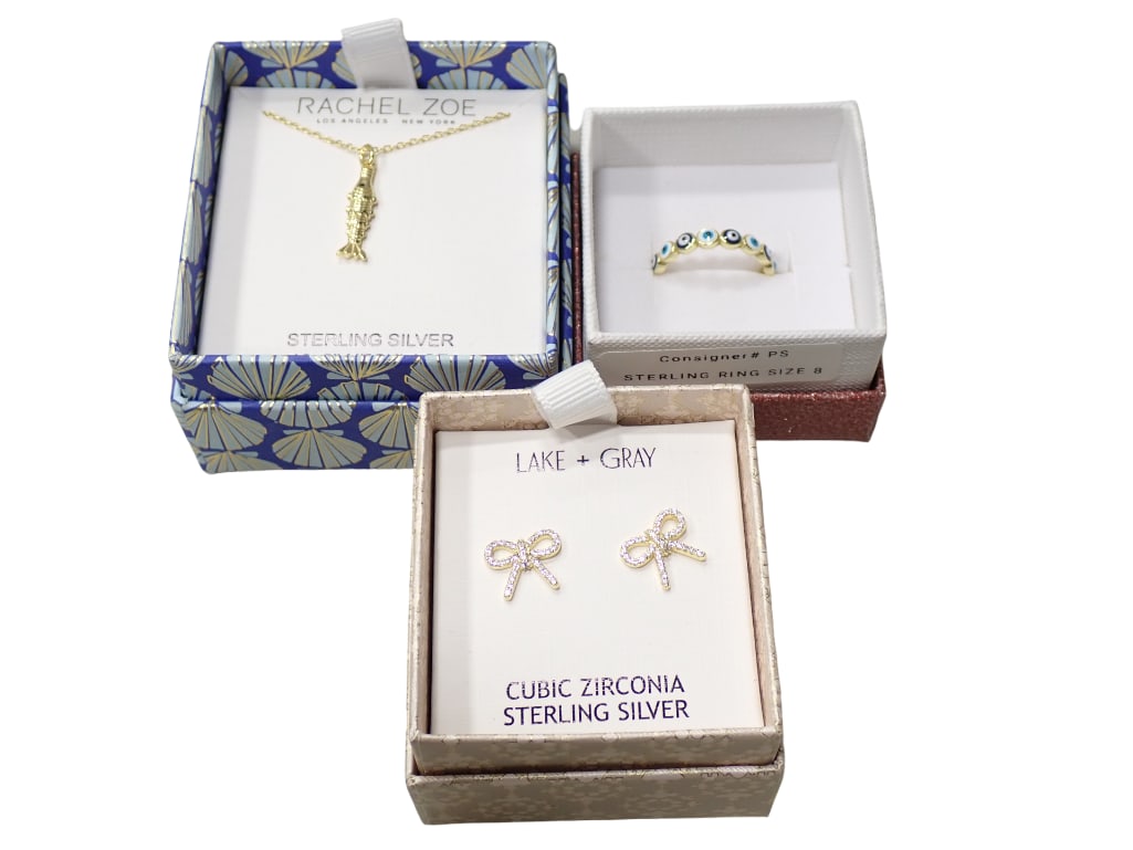 Sterling Silver Jewelry Lot incl Sterling Silver Rachel Zoe Fish Necklace, Cubic Zirconia Sterling: Sterling Silver Jewelry Lot incl Sterling Silver Rachel Zoe Fish Necklace, Cubic Zirconia Sterling Silver Bow Earrings, and a Sterling Silver Ring Live Auctioneers is now offering Live Shipping throug