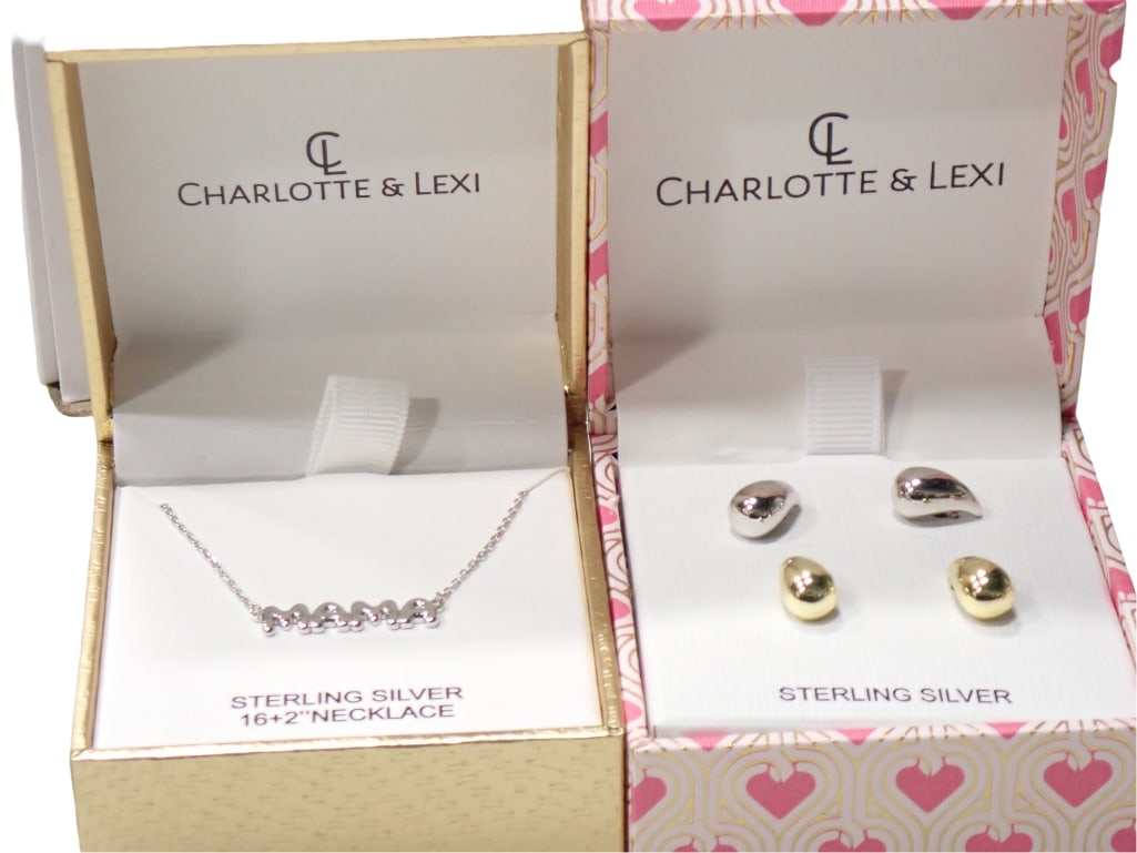 Sterling Silver Jewelry incl 2 Pr Charlotte & Lexi Earrings and a Charlotte & Lexi Mama Necklace: Sterling Silver Jewelry incl 2 Pr Charlotte & Lexi Earrings and a Charlotte & Lexi Mama Necklace . All sterling silver Live Auctioneers is now offering Live Shipping through them. This is an o