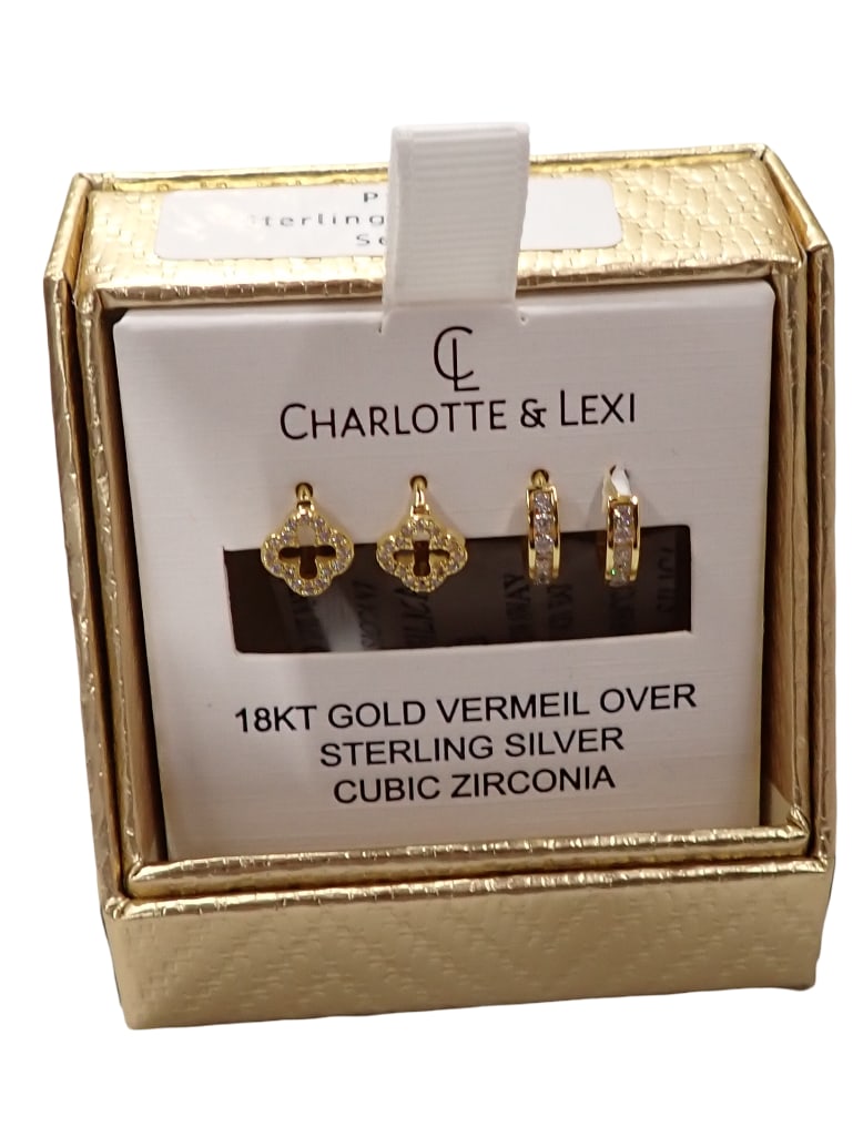 Charlotte & Lexi 18KT Gold Vermeil Over Sterling Silver Cubic Zirconia Earring Set 2 Pr: Charlotte & Lexi 18K Gold Vermeil Over Sterling Silver Cubic Zirconia Earring Set . Includes 2 pair of earrings Live Auctioneers is now offering Live Shipping through them. This is an optional pay