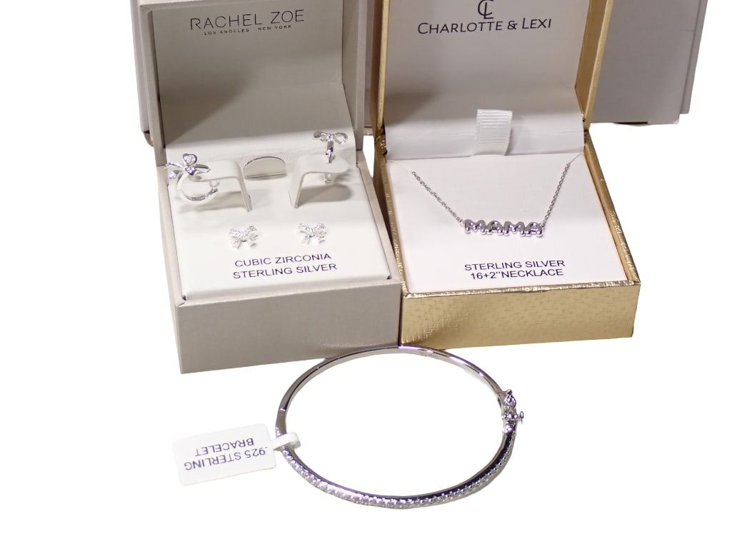 Sterling Silver Jewelry incl Bangle Bracelet, Rachel Zoe Bow Earrings, Charlotte & Lexi Mama Necklac: Lot of Sterling Silver Jewelry incl Bangle Bracelet, Rachel Zoe Bow Earrings, Charlotte & Lexi Mama Necklace . Great gift for Mother's Day. Live Auctioneers is now offering Live Shipping throu