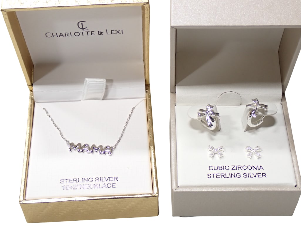 Sterling Silver Jewelry incl 2 Pr Sterling Silver with Cubic Zirconia Earrings and a Sterling Silver: Sterling Silver Jewelry incl 2 Pr Sterling Silver with Cubic Zirconia Earrings and a Sterling Silver Mama Necklace Live Auctioneers is now offering Live Shipping through them. This is an optional paym