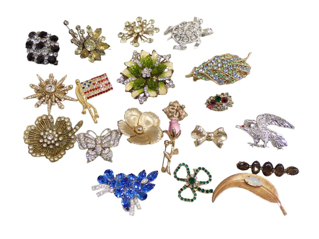 Vintage Brooches and Pins Mostly Rhinestone Brooches incl a Rhinestone Turtle Brooch and a Rhineston (1 of 10)