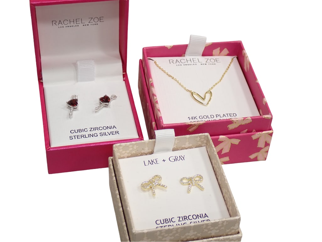 Rachel Zoe 14K Gold Plated Sterling Silver Heart Necklace, Rachel Zoe Cubic Zirconia Sterling Silver: Rachel Zoe 14K Gold Plated Sterling Silver Heart Necklace, Rachel Zoe Cubic Zirconia Sterling Silver Earrings, and Lake + Gray Cubic Zirconia Sterling Silver Bow Earrings. Live Auctioneers is now 
