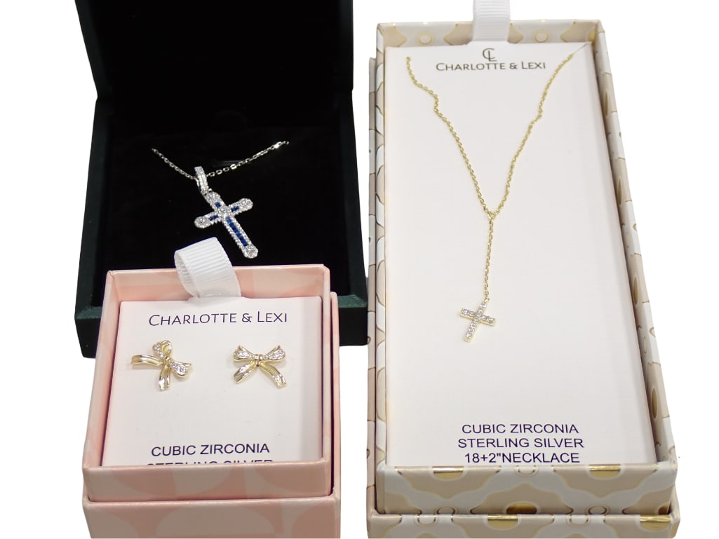 Charlotte & Lexi Cubic Zirconia and Sterling Silver Necklace and Earrings and a Sterling Silver Cros: Charlotte & Lexi Cubic Zirconia and Sterling Silver Necklace and Earrings and a Sterling Silver Cross Necklace Live Auctioneers is now offering Live Shipping through them. This is an optional paym